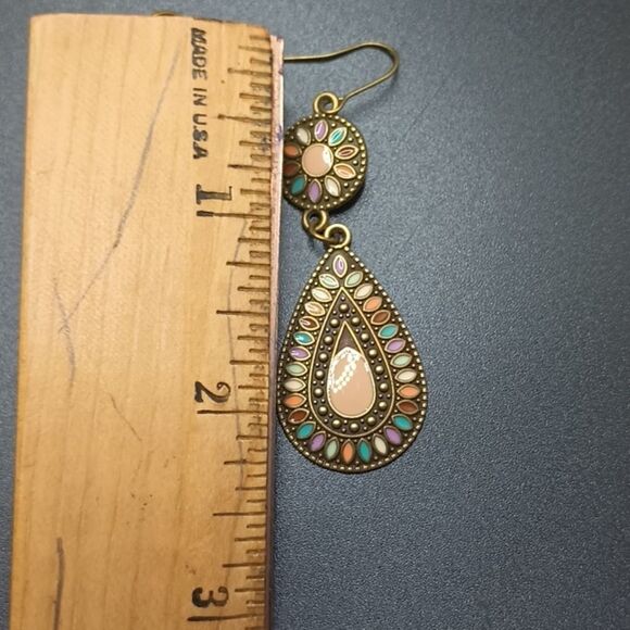 Bronze pastel earrings drop pear shape  multicolor bohemian jewelry - Picture 3 of 5